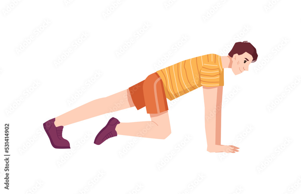 Young boy working out at home, teenager going sports and keeping fit. Isolated male character standing in plank growing muscles. Vector in flat cartoon style Young boy working out at home, teenager going sports and keeping fit. Isolated male character standing in plank growing muscles. Vector in flat cartoon style