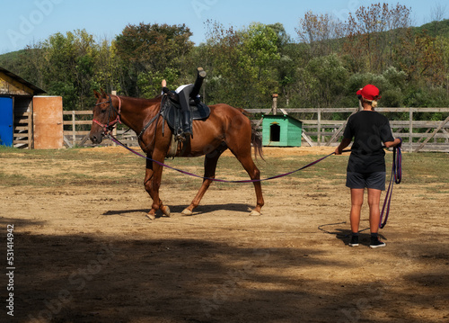 A girl rides a horse to master various elements of horseback riding. © Денис Прохоров