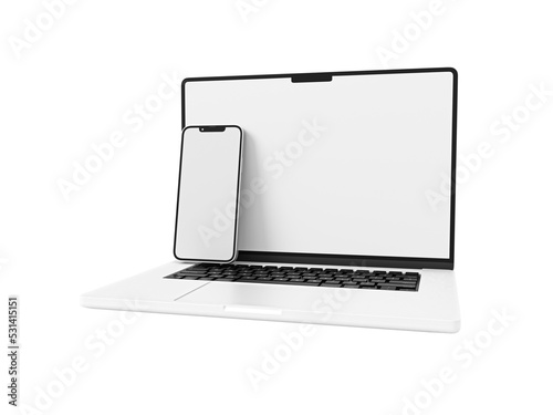 MacBook Pro Laptop and iPhone 13 smartphone in 3D rendered illustration on white background in minimal style for mockup and responsive website. Blank screen Apple laptop computer in transparent png