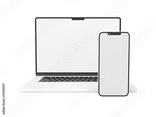 MacBook Pro Laptop and iPhone 13 smartphone in 3D rendered illustration on white background in minimal style for mockup and responsive website. Blank screen Apple laptop computer in transparent png