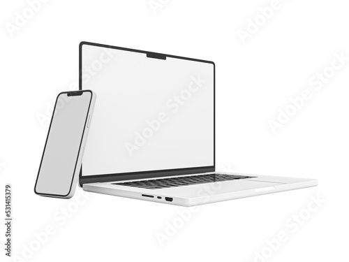 MacBook Pro Laptop and iPhone 13 smartphone in 3D rendered illustration on white background in minimal style for mockup and responsive website. Blank screen Apple laptop computer in transparent png