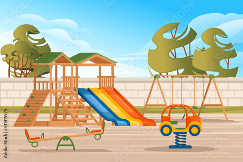 Kids playground in public park with trees and city on background landscape vector illustration