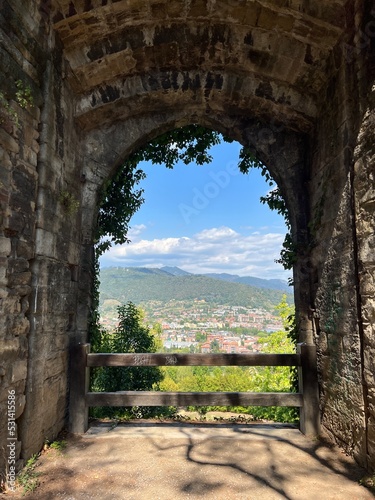 Archway View of Lower Bergamo from Citta Alta  upper city  Bergamo