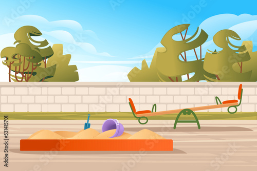 Kids playground in public park with trees and city on background landscape vector illustration © An-Maler