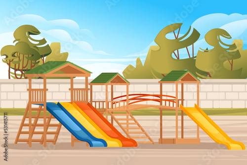 Kids playground in public park with trees and city on background landscape vector illustration