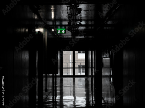 Green exit fire sign hanging on ceiling on dark mysterious corridor in building near fire exit door. Door room perspective in lonely quiet building with light on black and white style vertical style.
