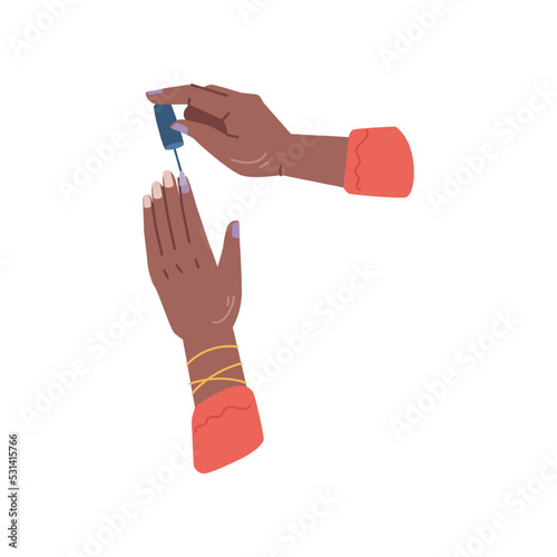 Manicure procedure and treatment, woman in beauty salon or spa center. Care for fingernails and hand skin. Polishing and coating. Vector in flat cartoon style