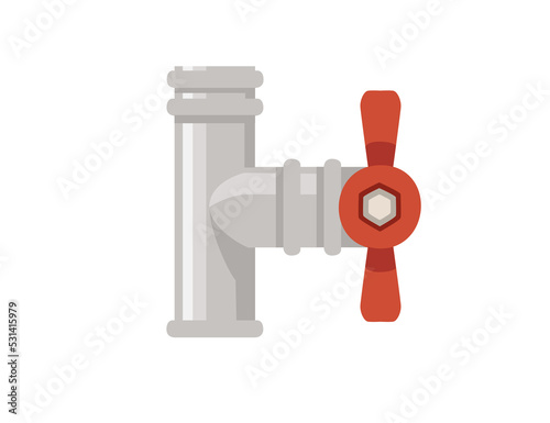 Metal pipeline for water flowing industrial construction with red valve vector illustration isolated on white background