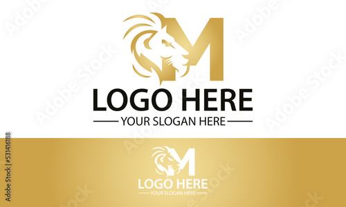 Luxury Yellow Color Initial Letter M Negative Space Lion Face Logo Design	