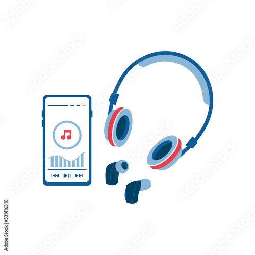 Listening to music using smartphone streaming services, Bluetooth wireless headphones. Online compositions and songs on go. Vector in flat cartoon style