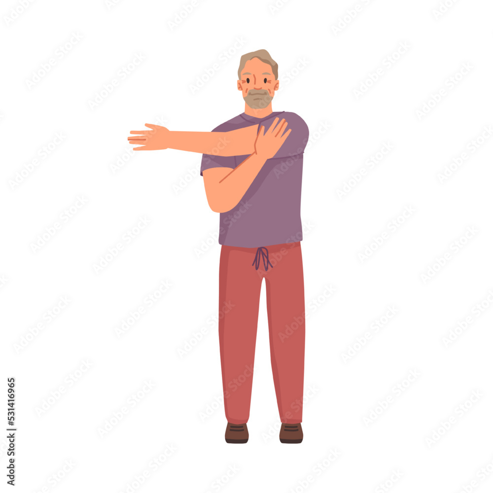 Senior man staying active, during exercises for body. Grandfather stretching arms and shoulders, old parsonage male character. Vector in flat cartoon style Senior man staying active, during exercises for body. Grandfather stretching arms and shoulders, old parsonage male character. Vector in flat cartoon style
