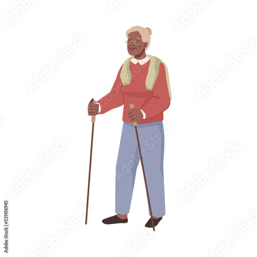 Elderly female character with sticks practicing Nordic walking exercises for improving health and staying active. Senior woman personage. Vector in flat cartoon style