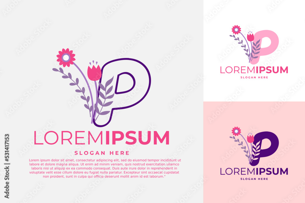 letter P logo design vector template illustration with flowers