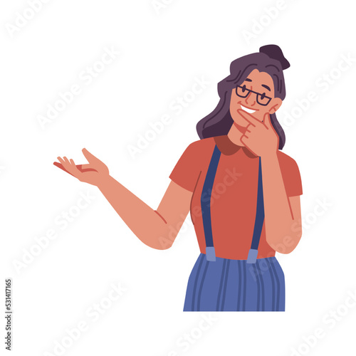 Gesturing female character thinking and smiling, showing and pointing with hand. Presenting and brainstorming personage girl. Vector in flat cartoon style