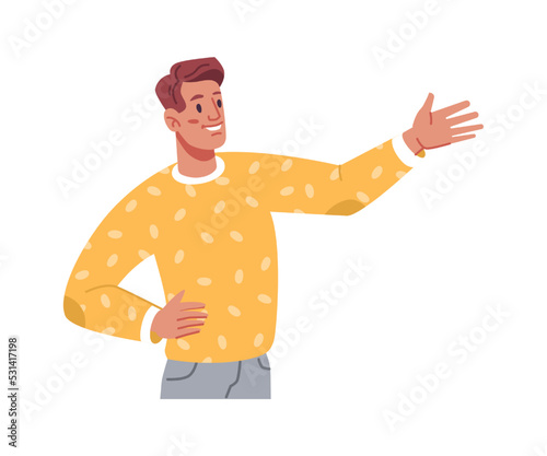 Gesturing cheerful male character showing with hand aside. Isolated presenter at work, businessman or worker with innovative ideas. Vector in flat cartoon style