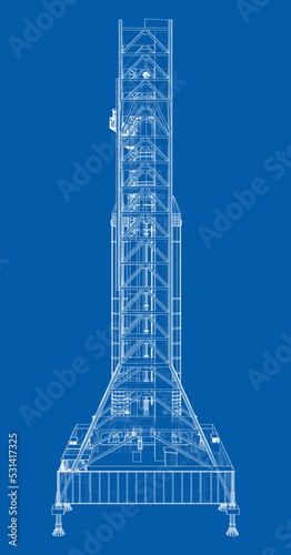 Space Rocket on launch pad. Vector rendering of 3d