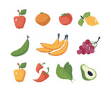 Healthy fresh food, isolated vegetables and fruits. Banana and apples, orange and lemon, pear and pepper. Avocado and grapes, cucumber and salad leaves. Vector in flat cartoon style