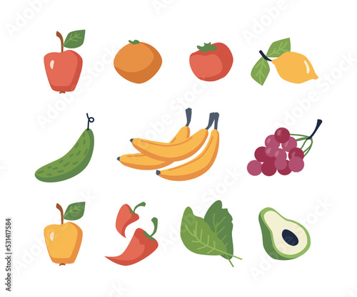 Fototapeta Naklejka Na Ścianę i Meble -  Healthy fresh food, isolated vegetables and fruits. Banana and apples, orange and lemon, pear and pepper. Avocado and grapes, cucumber and salad leaves. Vector in flat cartoon style