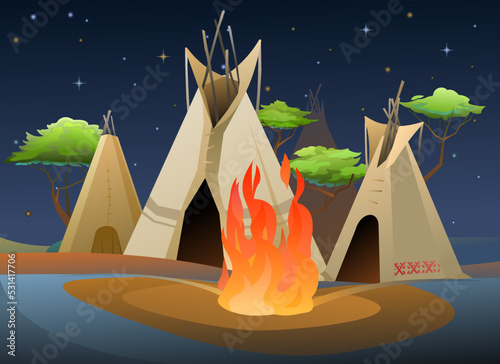 Indians wigwam hut made of felt and skins. Night landscape with fire. North American tribal dwelling. Traditional home of nomadic peoples. Vector.