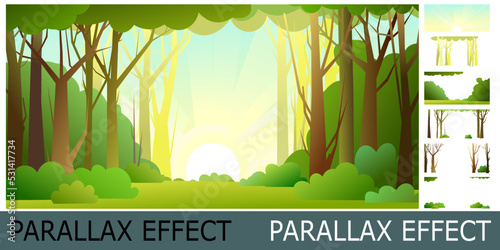 Jungle illustration. Sunrise. Image from layers for overlay with parallax effect. Dense wild-growing tropical plants with tall, branched trunks. Rainforest landscape. Cartoon style. Vector.