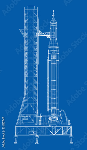 Space Rocket on launch pad. Vector rendering of 3d