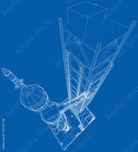 Space Rocket on launch pad. Vector rendering of 3d