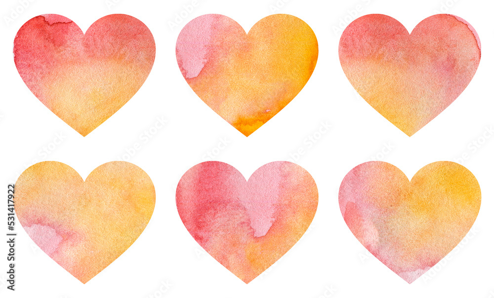 Watercolor hand drawn yellow and red hearts bundle
