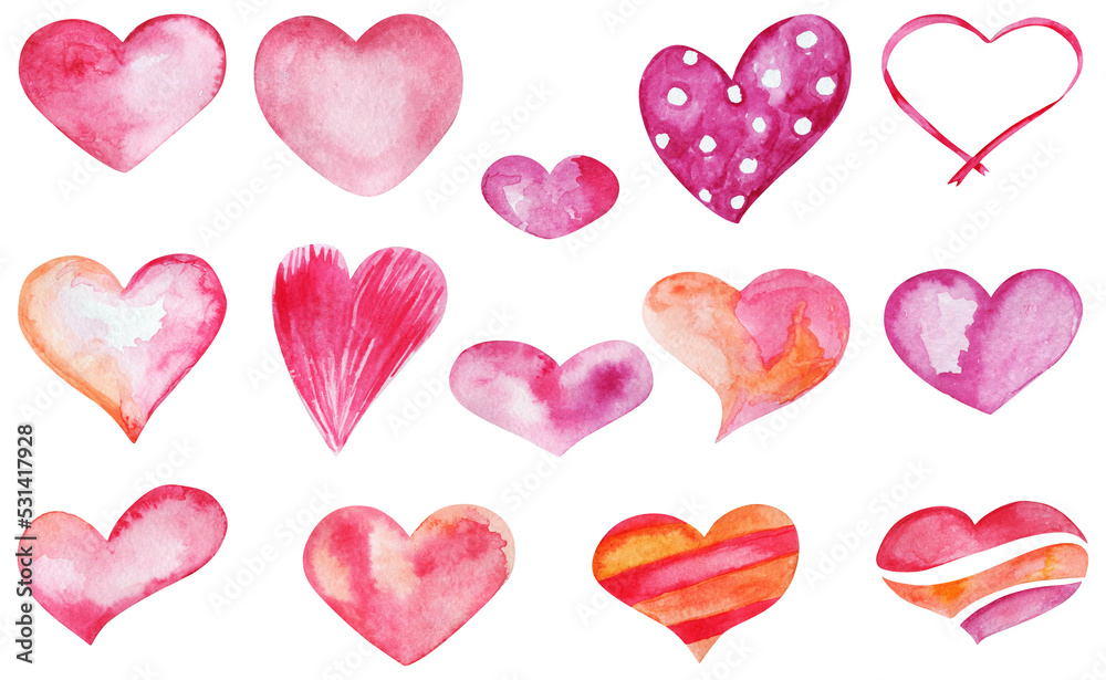 Watercolor hand drawn Valentines day hearts bundle