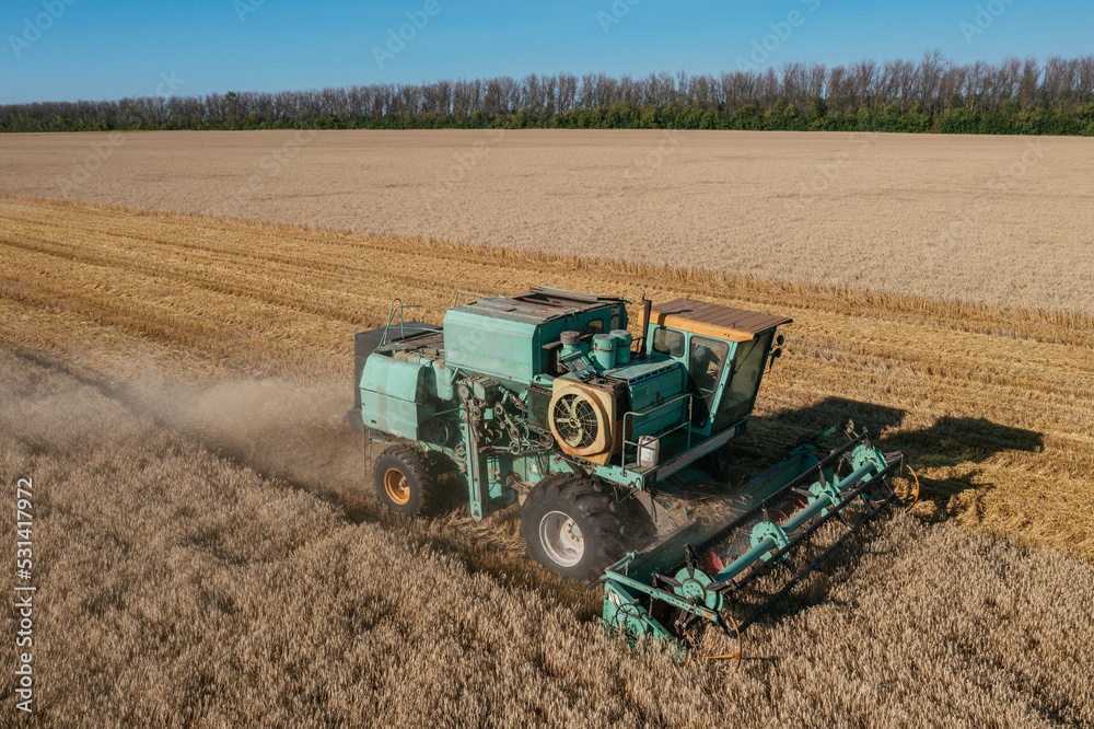 Obraz premium Combine harvester harvesting wheat at the field aerial view