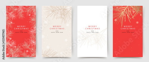Christmas banner with golden branches of christmas tree and snowflakes. Winter holidays backgrounds for social media stories post. Vector templates for greeting card, invitation, ad, mobile apps