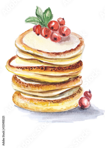 watercolor sketch breakfast pancakes with berries