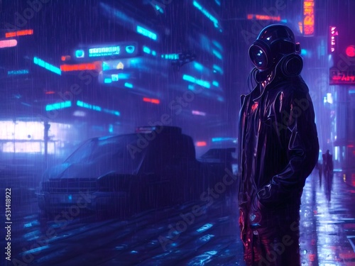 A man in black futuristic clothes stands against a blurred background of a rainy neon cyberpunk city. City of a future at night. Grunge wallpaper. 3D illustration.