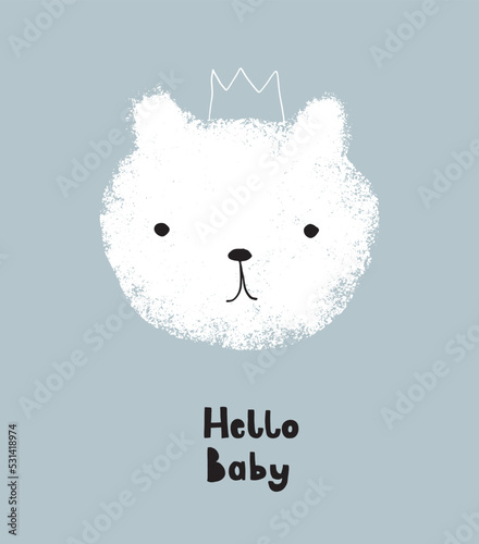 Hello Baby.Cute Polar Bear on a Light Blue Background. Simple Hand Drawn Vector Illustration with White Baby Bear Head ideal for Baby Shower Card. Winter Animal. Kids' Room Printable Decoration.