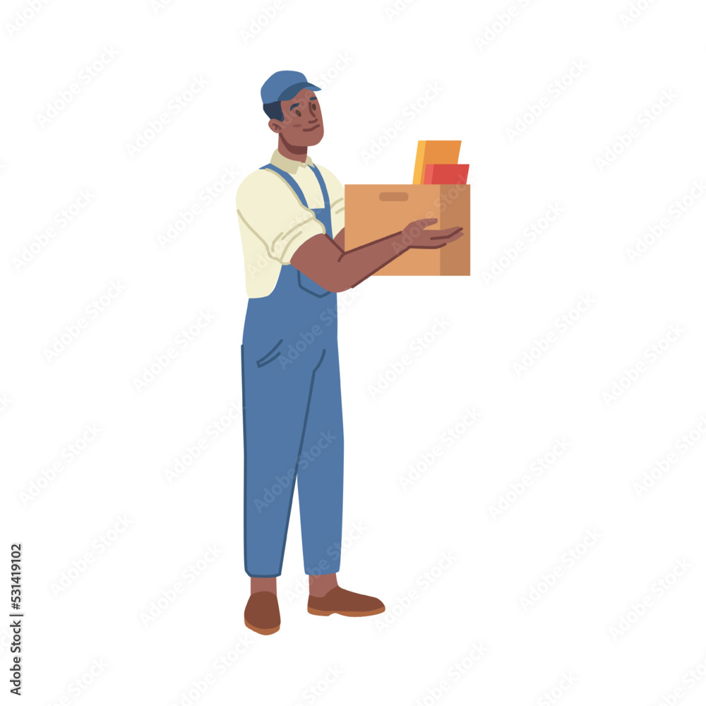 Man carrying boxes, package carton container. Transportation and relocation, delivery from warehouse. Courier in uniform. Vector in flat cartoon style Man carrying boxes, package carton container. Transportation and relocation, delivery from warehouse. Courier in uniform. Vector in flat cartoon style