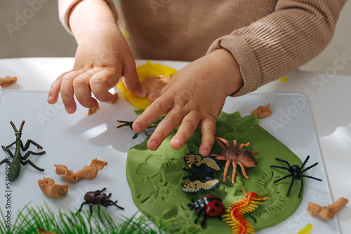 Child hands  playing with toy insects. Educational game Bug Fossils made with play dough. Fine motor skills. Sensory play for toddlers..Montessori material. Activity for Kids.