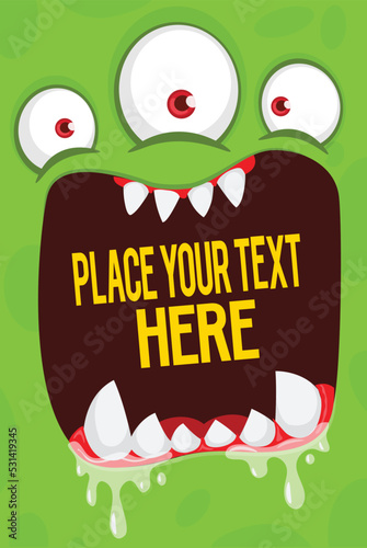 Cartoon monster face with funy expression opened mouth  blank space  banner for text. Vector illustration. Isolated. Halloween design element for banner or decoration party photo
