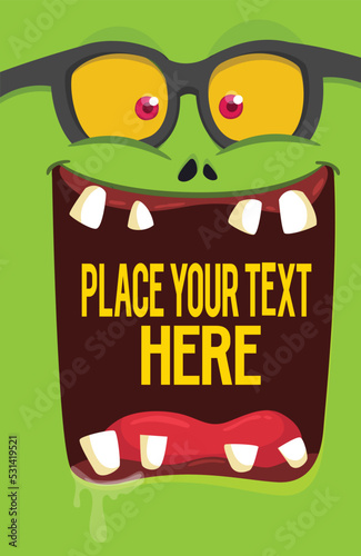 Funny cartoon monster face.  Illustration of cute and happy monster expression. Halloween design. Great for party decoration