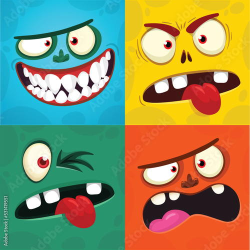 Funny cartoon monster face.  Illustration of cute and happy monster expression. Halloween design. Great for party decoration