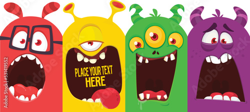 Funny cartoon monster face.  Illustration of cute and happy monster expression. Halloween design. Great for party decoration
