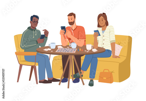 People gathered for meeting in cafe staring at phones. Isolated friends addicted to smartphones and gadgets, watching videos and chatting. Vector in flat cartoon style