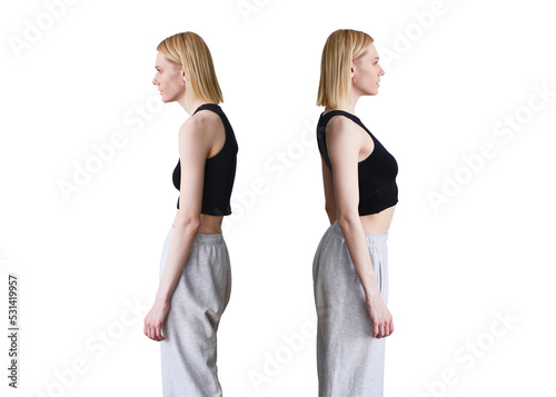 Comparison of bad and good posture. Woman slouching and straightening