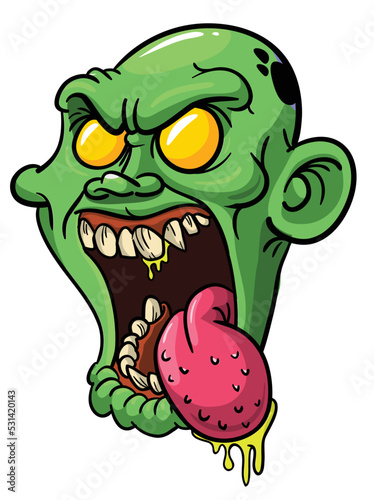 Cartoon funny green zombie character design with scary face expression. Halloween vector illustration isolated on white. Party poster or package design