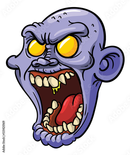 Cartoon funny green zombie character design with scary face expression. Halloween vector illustration isolated on white. Party poster or package design