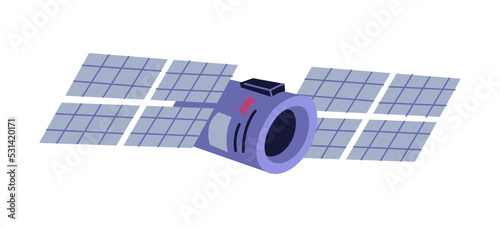 Artificial satellite exploring and discovering Earth and space, universe and galaxy. Manmade object studying surface of planet. Vector in flat cartoon style