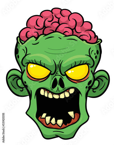 Cartoon funny green zombie character design with scary face expression. Halloween vector illustration isolated on white. Party poster or package design