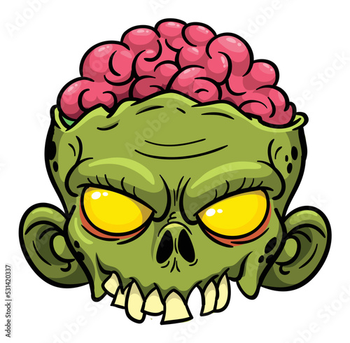 Cartoon funny green zombie character design with scary face expression. Halloween vector illustration isolated on white. Party poster or package design