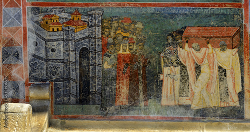 Outdoor frescoes on the church - Voronet orthodox painted church monastery Moldavia, Bucovina, Romania - UNESCO World Heritage Site photo