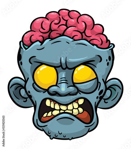 Cartoon funny green zombie character design with scary face expression. Halloween vector illustration isolated on white. Party poster or package design