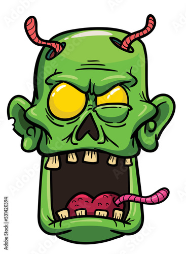 Cartoon funny green zombie character design with scary face expression. Halloween vector illustration isolated on white. Party poster or package design