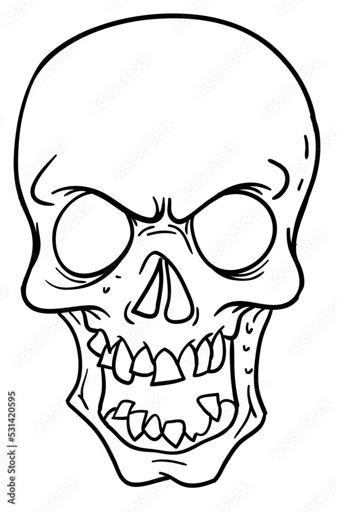 Cartoon skull with crossed bones. Grim reaper character. Halloween skeleton design for party invitation, poster, logo or icon. Vector skull face illustration
